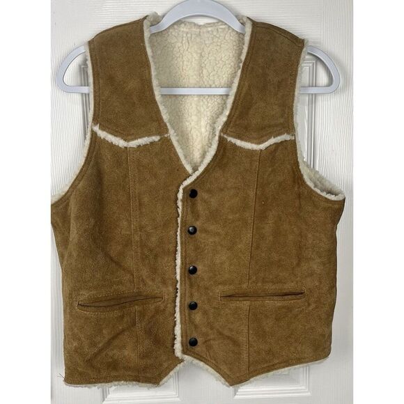 Vintage Jackets & Blazers - Vintage Suede Leather Vest Shearling Sherpa‎ Tan Montgomery Ward Womens Size XL